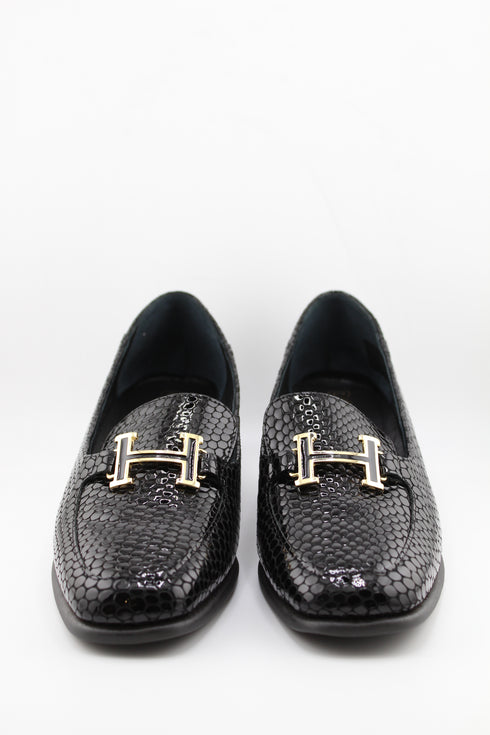 DFC Relax Textured Patent Leather Block Heel Loafers with Buckle