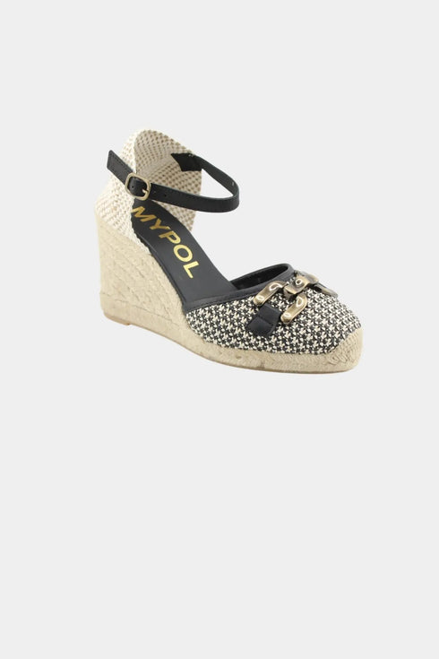 Maypol Buckled Woven Espadrille Wedge with Ankle Strap