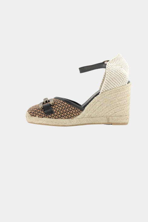 Maypol Buckled Woven Espadrille Wedge with Ankle Strap