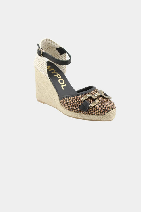 Maypol Buckled Woven Espadrille Wedge with Ankle Strap