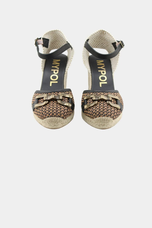 Maypol Buckled Woven Espadrille Wedge with Ankle Strap