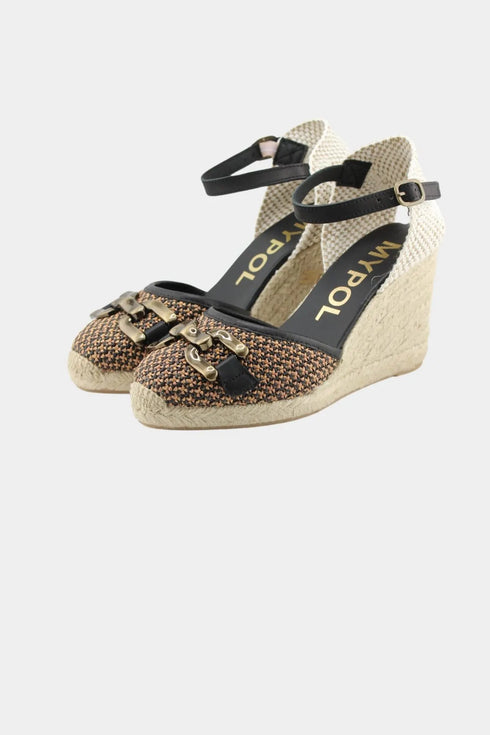 Maypol Buckled Woven Espadrille Wedge with Ankle Strap