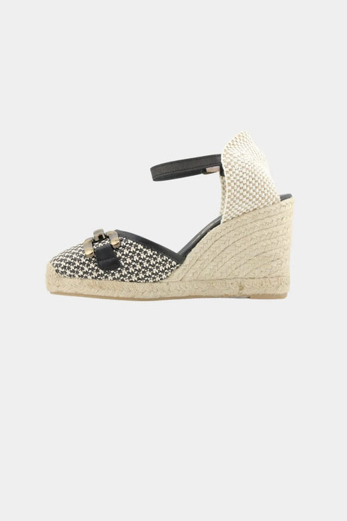Maypol Buckled Woven Espadrille Wedge with Ankle Strap